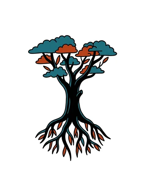 Color traditional tree tattoo design: a stylized tree with prominent roots