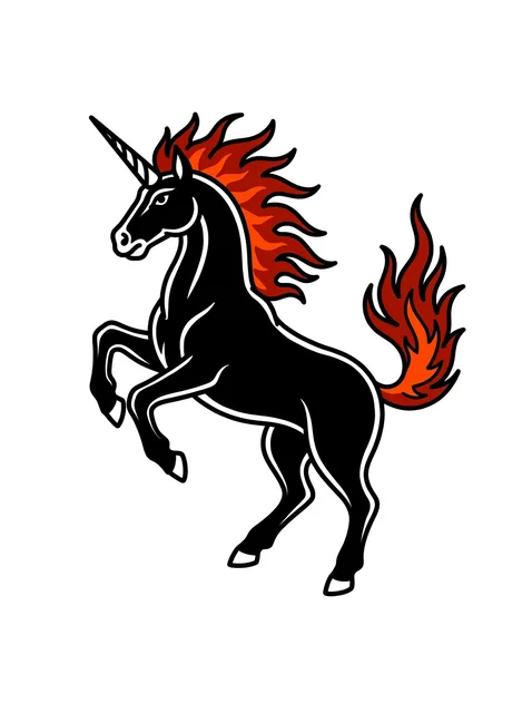 Color traditional unicorn and fire tattoo design