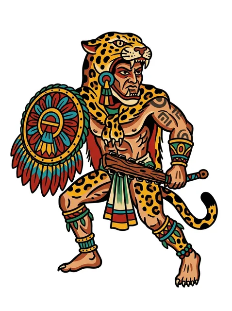 Color traditional warrior and aztec tattoo design: the Aztec jaguar order crouched and ready