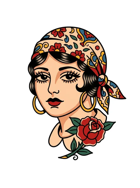 Color traditional woman portrait and rose tattoo design