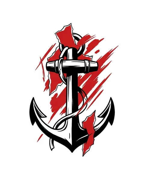 Color trash polka anchor tattoo design: a black and white anchor with a rope