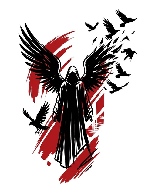 Color trash polka angel of death and crow tattoo design