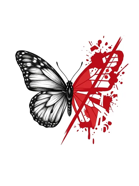 Color trash polka butterfly tattoo design: a butterfly split down the middle