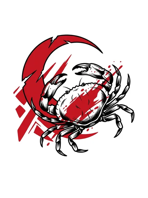 Color trash polka cancer sign and moon tattoo design: a red splash across its shell