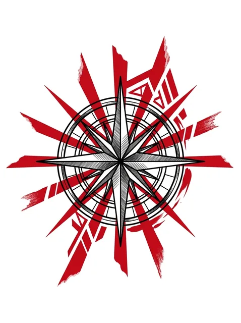 Color trash polka compass tattoo design: a detailed compass rose at its center