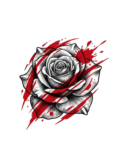 Color trash polka rose tattoo design: a black and grey rose with bold red paint splatters