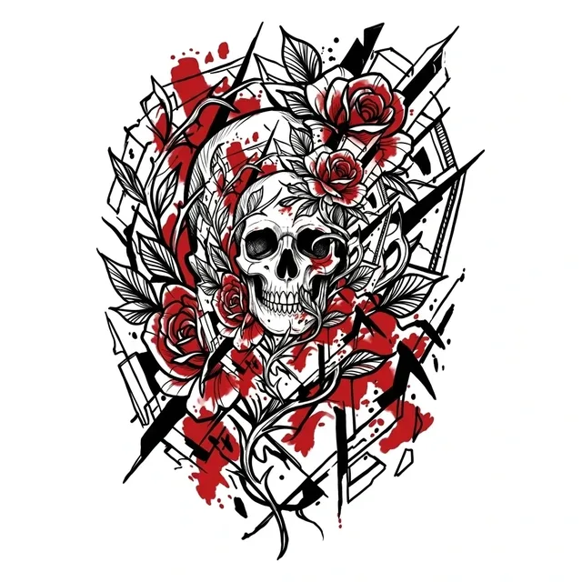 Color trash polka skull and rose tattoo design