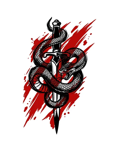 Color trash polka snake and dagger tattoo design