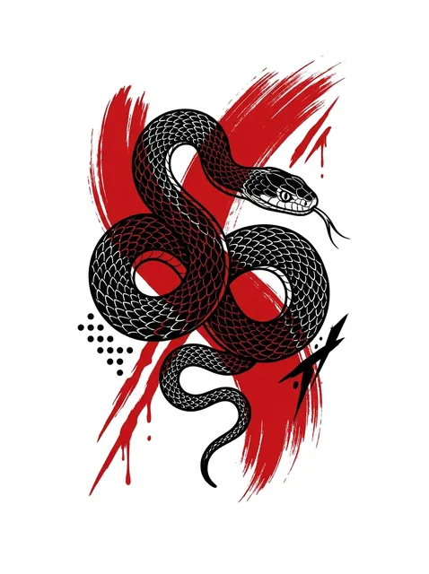 Color trash polka snake tattoo design: a coiled black snake with detailed scales