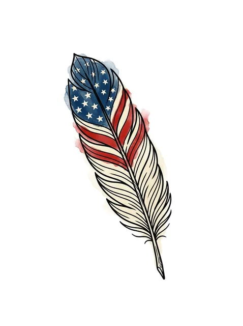 Color watercolor american flag and feather tattoo design