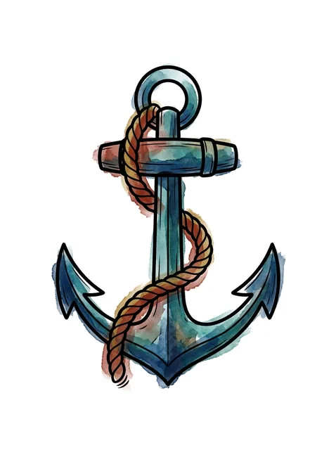 Color watercolor anchor tattoo design: an anchor, featuring a rope wrapped around its shaft