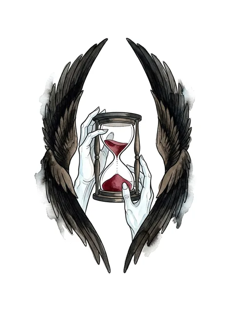 Color watercolor angel of death and hourglass tattoo design: two black wings
