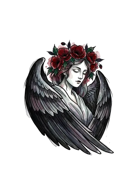 Color watercolor poppy and angel of death tattoo design