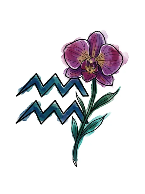 Color watercolor aquarius and orchid tattoo design