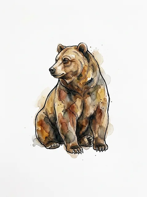 Color watercolor bear tattoo design: a sitting bear