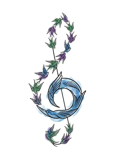 Color watercolor bird and music note tattoo design: a treble clef formed by a flock of swallows