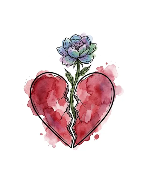 Color watercolor broken heart and flower tattoo design