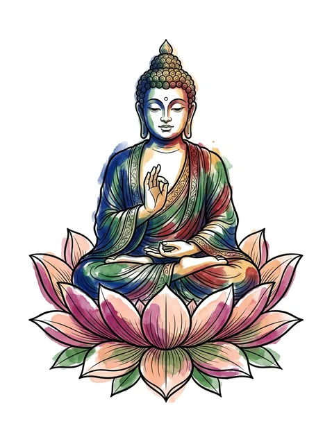 Color watercolor buddha and lotus tattoo design