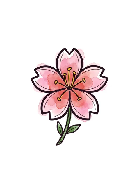 Color watercolor flower and cherry blossom tattoo design: a dark outline and a green stem
