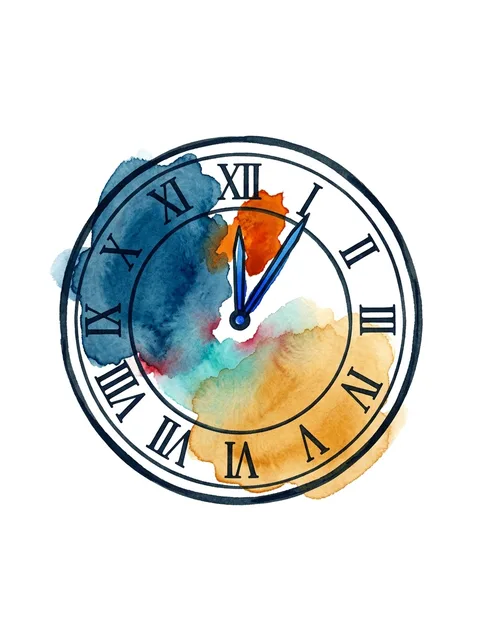 Color watercolor clock tattoo design: a clock face with Roman numerals