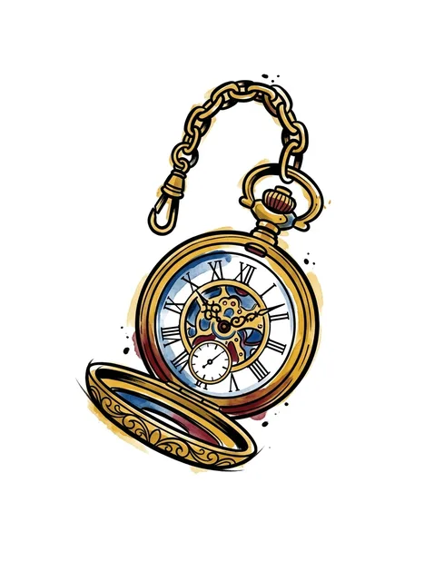 watercolor Clock tattoo design, in colour