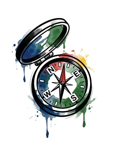 Color watercolor compass tattoo design: an open compass with a prominent red needle