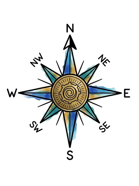 Color watercolor compass tattoo design: a golden central medallion with a spiral pattern