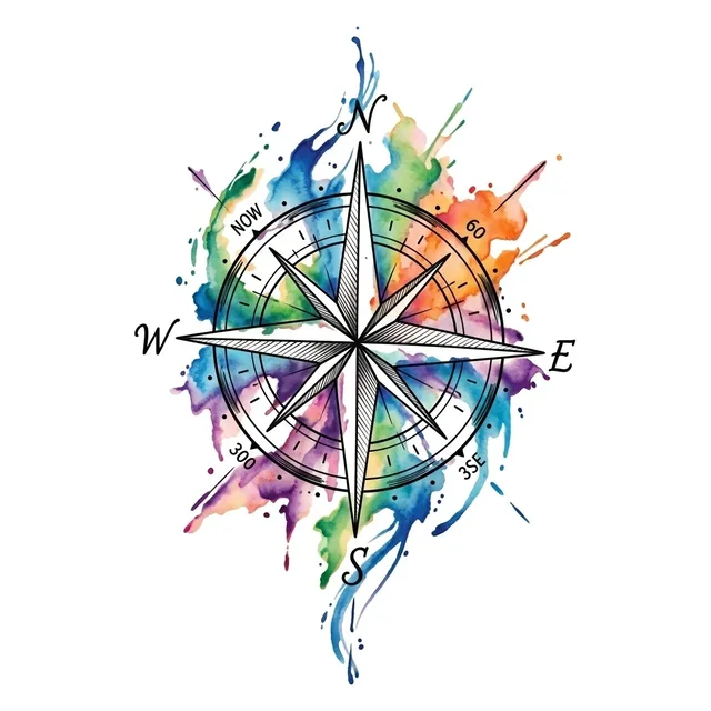 Color watercolor compass tattoo design: a classic compass rose