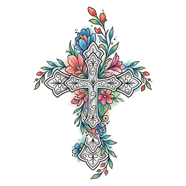 watercolor Cross tattoo design, in colour
