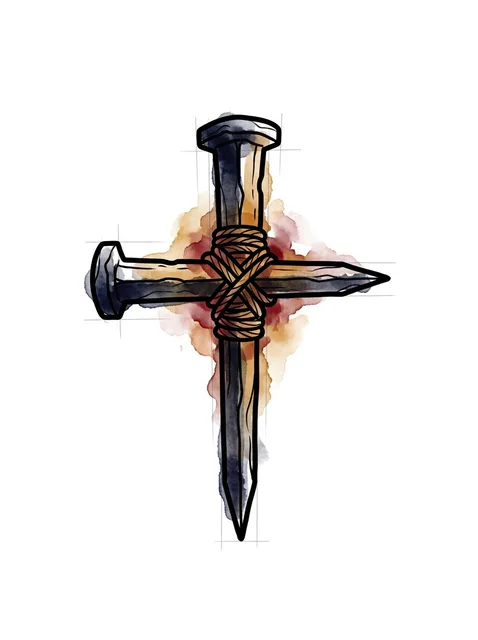 Color watercolor cross tattoo design: two nails forming a cross, bound together by rope