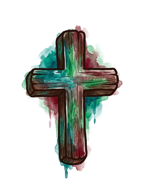 Color watercolor cross tattoo design: a wooden cross
