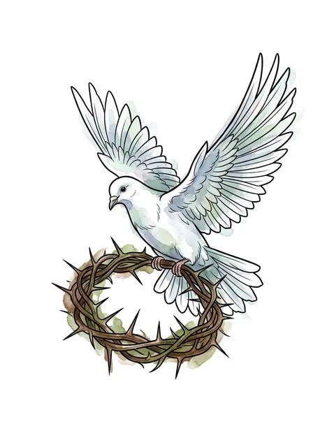 Color watercolor crown of thorns and dove tattoo design