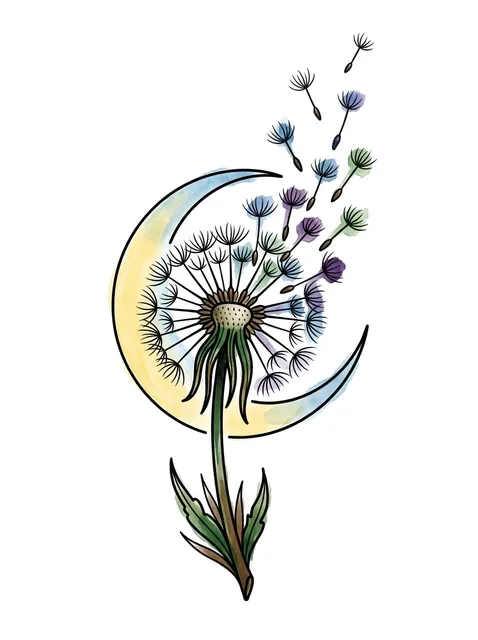 Color watercolor dandelion and moon tattoo design: a dandelion with its seeds blowing away