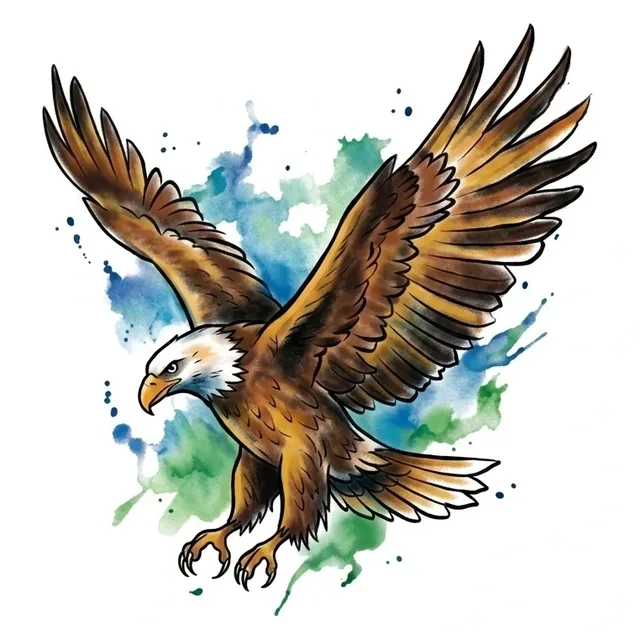 Color watercolor eagle tattoo design: an eagle in flight with outstretched wings