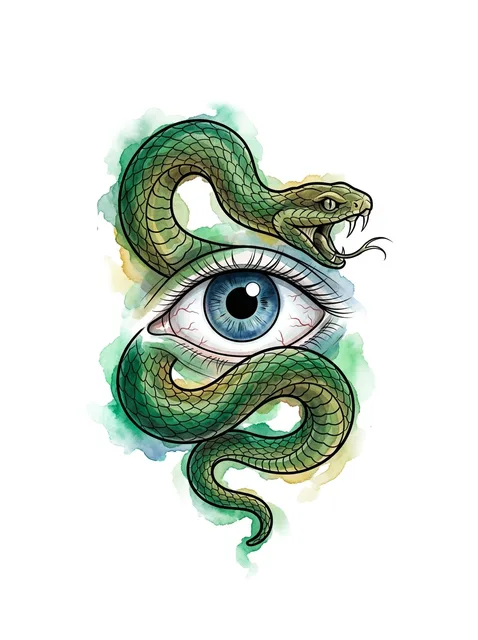 Color watercolor snake and eye tattoo design
