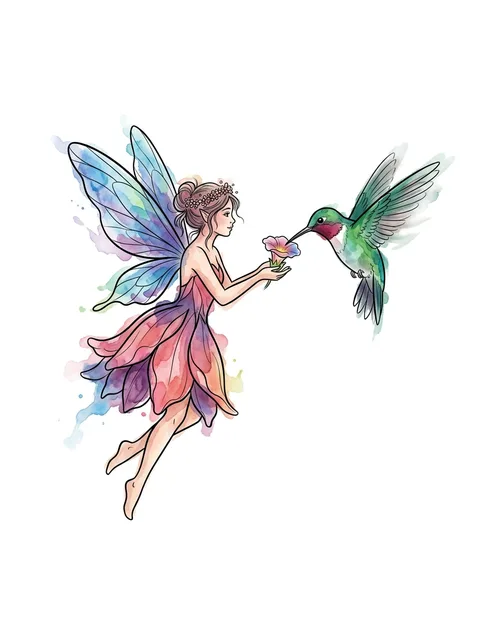 Color watercolor fairy and hummingbird tattoo design