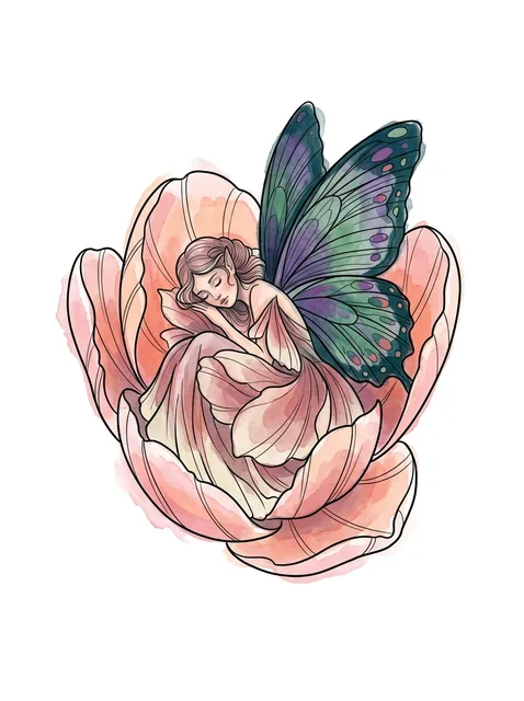 Color watercolor fairy and tulip tattoo design