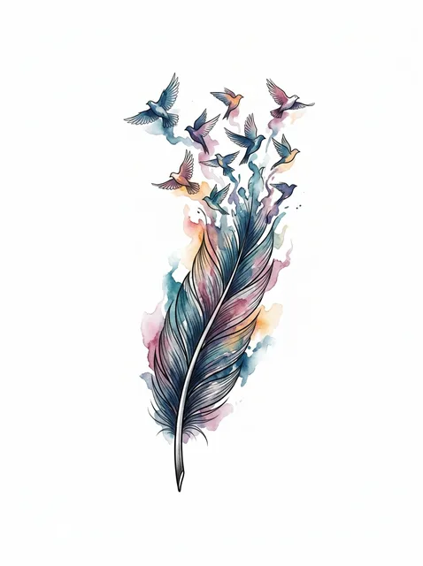 Color watercolor bird and feather tattoo design