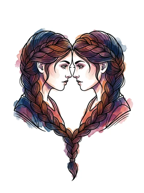 Color watercolor gemini and woman portrait tattoo design