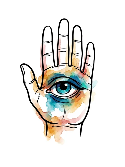 Color watercolor eye and hand tattoo design: an open hand with an eye in the palm