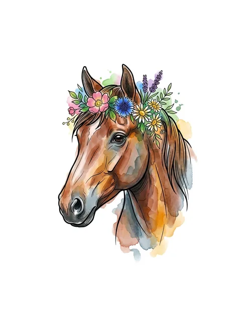Color watercolor horse and flower tattoo design