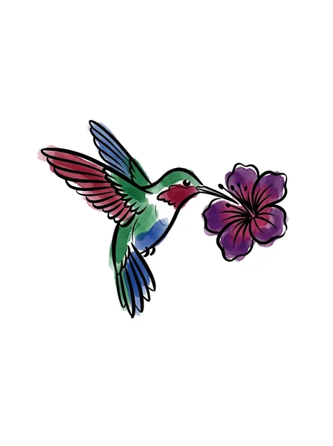 Color watercolor flower and hummingbird tattoo design