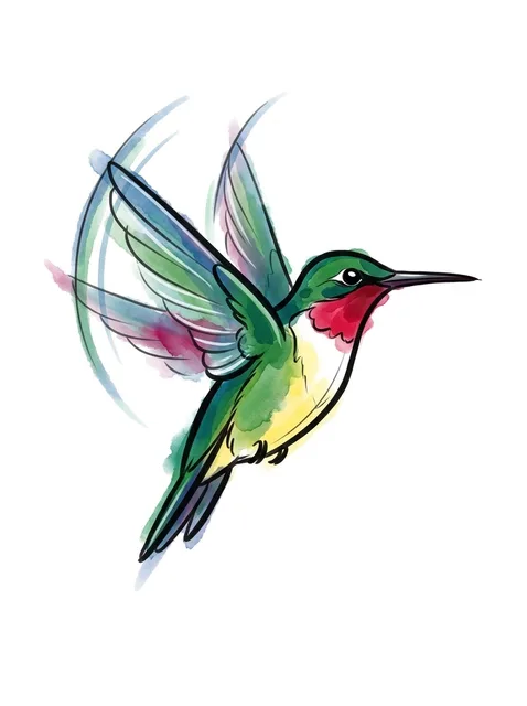 Color watercolor hummingbird tattoo design: a hummingbird in flight
