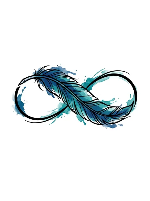 Color watercolor feather and infinity tattoo design