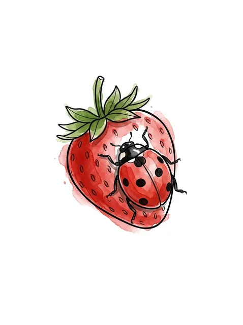 Color watercolor ladybug tattoo design: a green leafy top and seed marks
