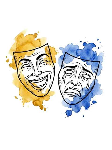 Color watercolor laugh now cry later tattoo design: a laughing mask and a weeping mask