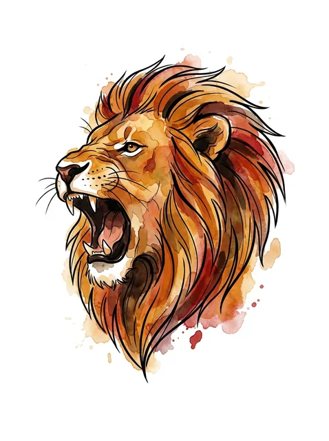 Color watercolor lion tattoo design: a roaring lion's head