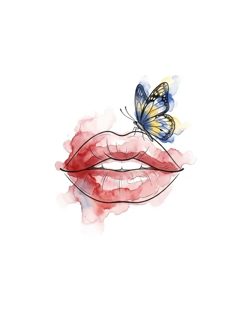 Tattoo-Vorlage mit Lippen und einem Schmetterling, Stil: Watercolor, in Farbe