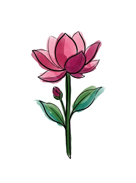 Color watercolor flower and lotus tattoo design: a bud and leaves