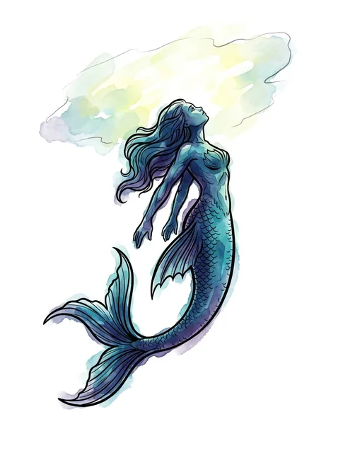 Color watercolor mermaid tattoo design: a mermaid gracefully ascending, looking upwards